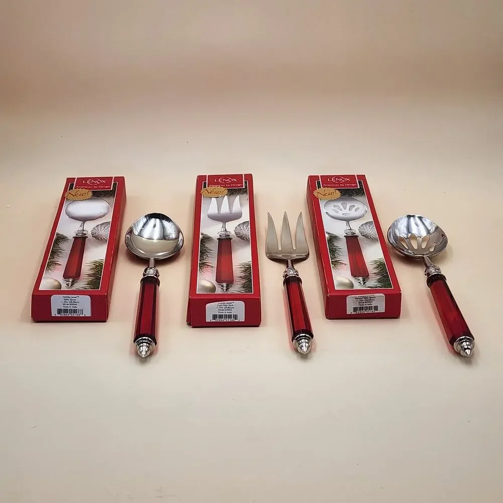 Lenox Holiday Jewel 3-Piece Serving Set Spoon Pierced Spoon Cold Meat Fork Boxed